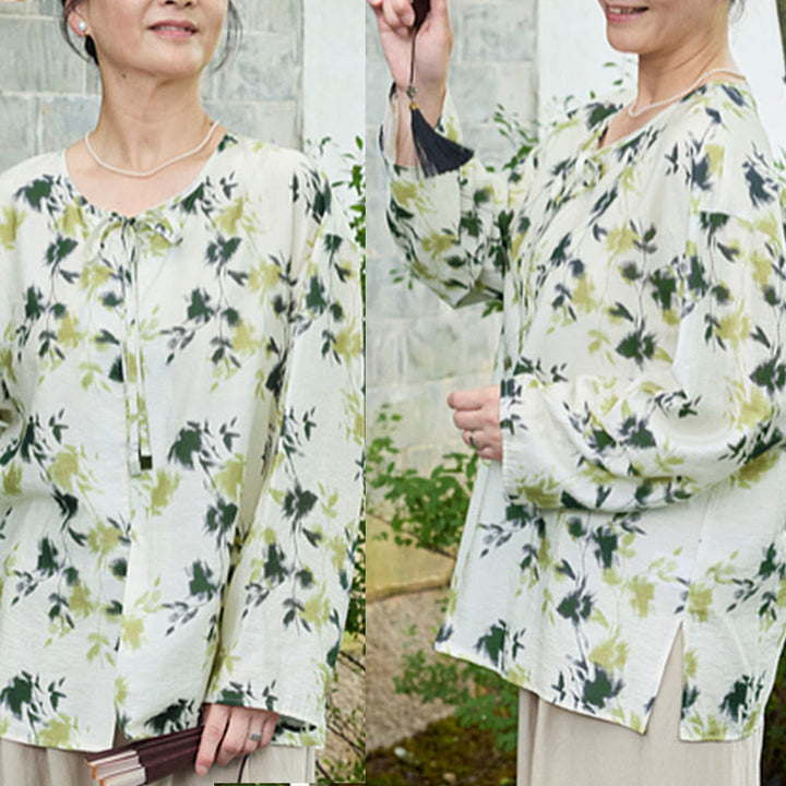 Camicia da donna a maniche lunghe con bottoni, lacci e foglie floreali verdi, per anziani, Buddha Stones - image 12