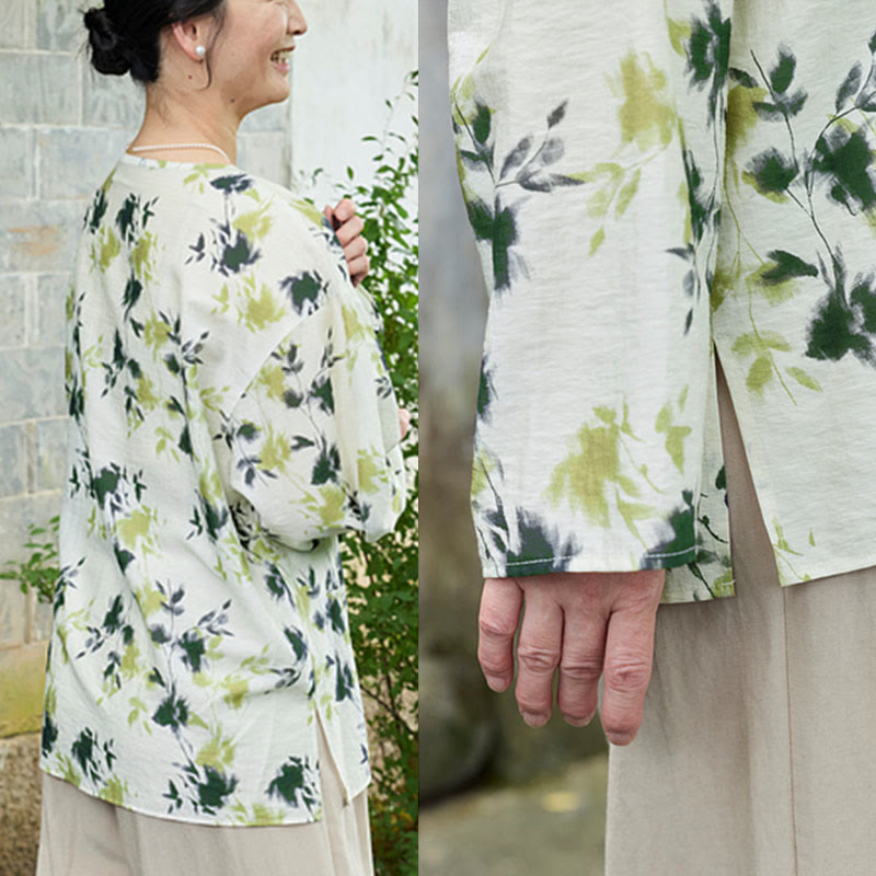 Camicia da donna a maniche lunghe con bottoni, lacci e foglie floreali verdi, per anziani, Buddha Stones - image 15