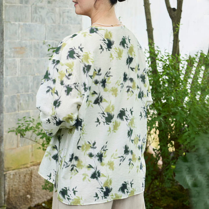 Camicia da donna a maniche lunghe con bottoni, lacci e foglie floreali verdi, per anziani, Buddha Stones - image 4