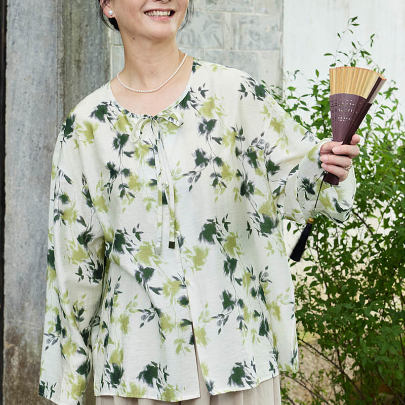 Camicia da donna a maniche lunghe con bottoni, lacci e foglie floreali verdi, per anziani, Buddha Stones - image 2