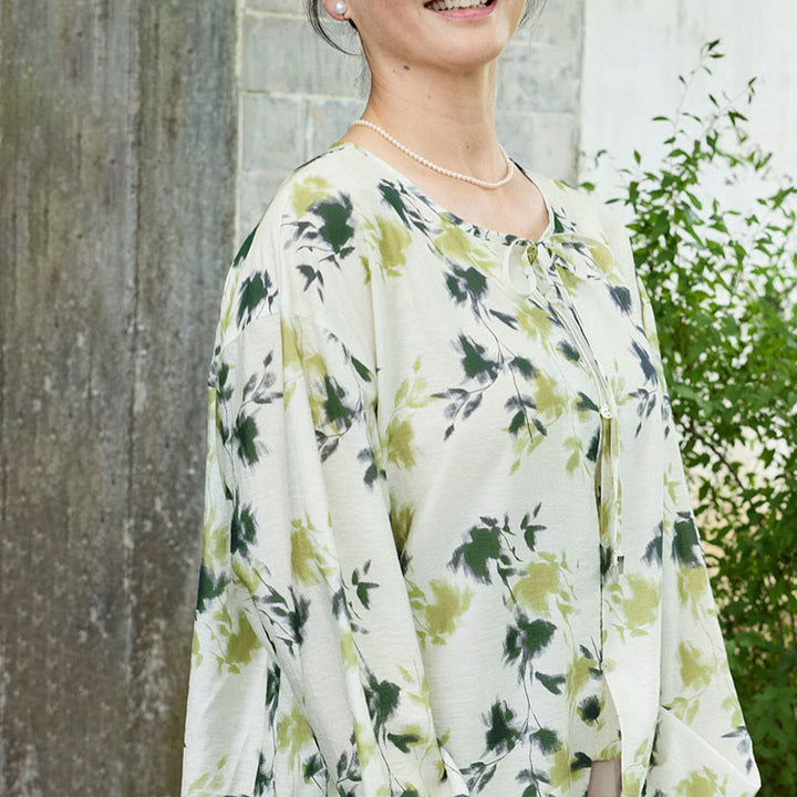 Camicia da donna a maniche lunghe con bottoni, lacci e foglie floreali verdi, per anziani, Buddha Stones - image 18