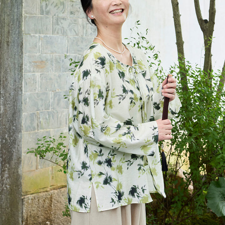 Camicia da donna a maniche lunghe con bottoni, lacci e foglie floreali verdi, per anziani, Buddha Stones - image 6