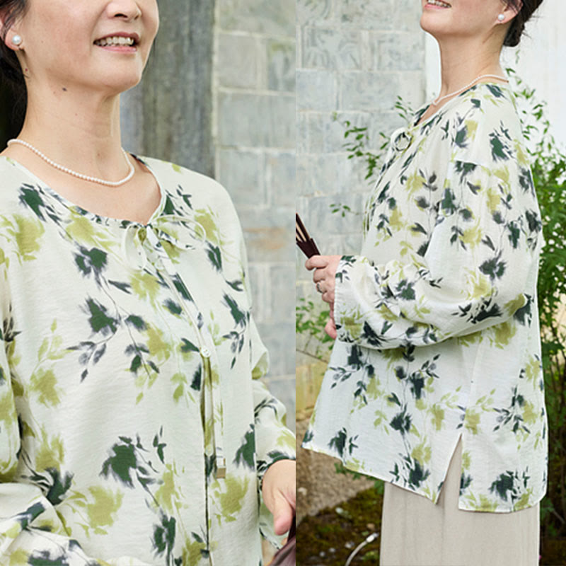 Camicia da donna a maniche lunghe con bottoni, lacci e foglie floreali verdi, per anziani, Buddha Stones - image 11