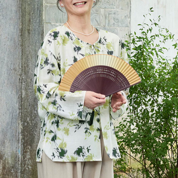 Camicia da donna a maniche lunghe con bottoni, lacci e foglie floreali verdi, per anziani, Buddha Stones - image 8