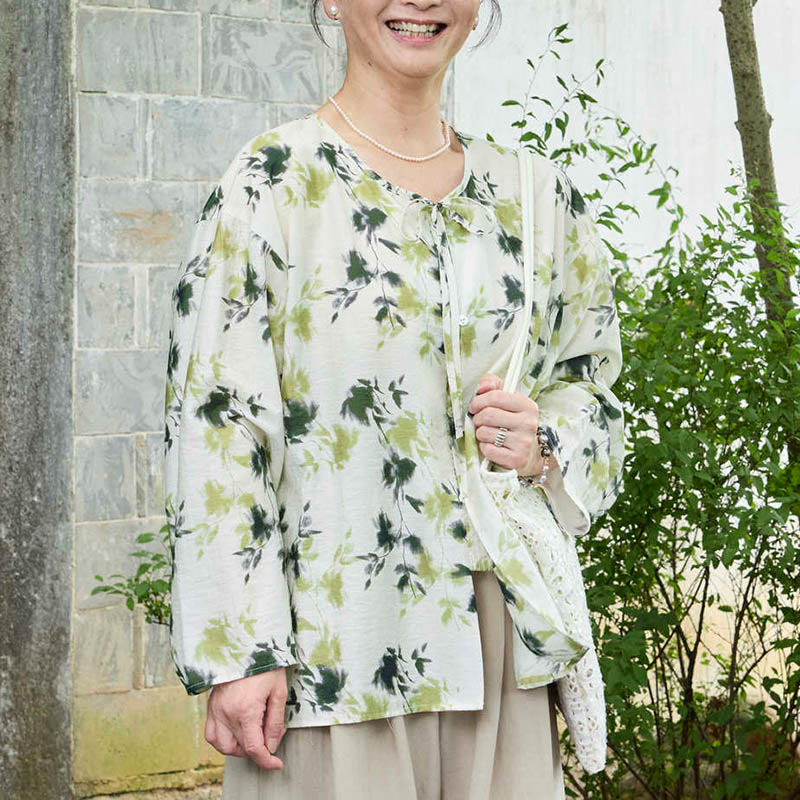 Camicia da donna a maniche lunghe con bottoni, lacci e foglie floreali verdi, per anziani, Buddha Stones - image 1