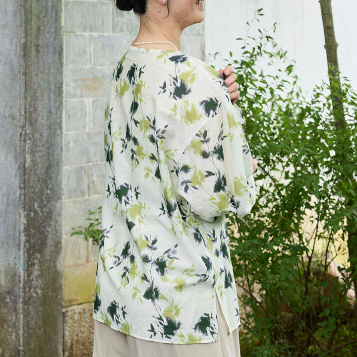 Camicia da donna a maniche lunghe con bottoni, lacci e foglie floreali verdi, per anziani, Buddha Stones - image 3