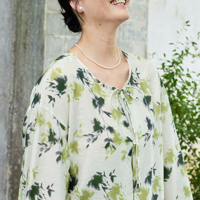 Camicia da donna a maniche lunghe con bottoni, lacci e foglie floreali verdi, per anziani, Buddha Stones - image 16