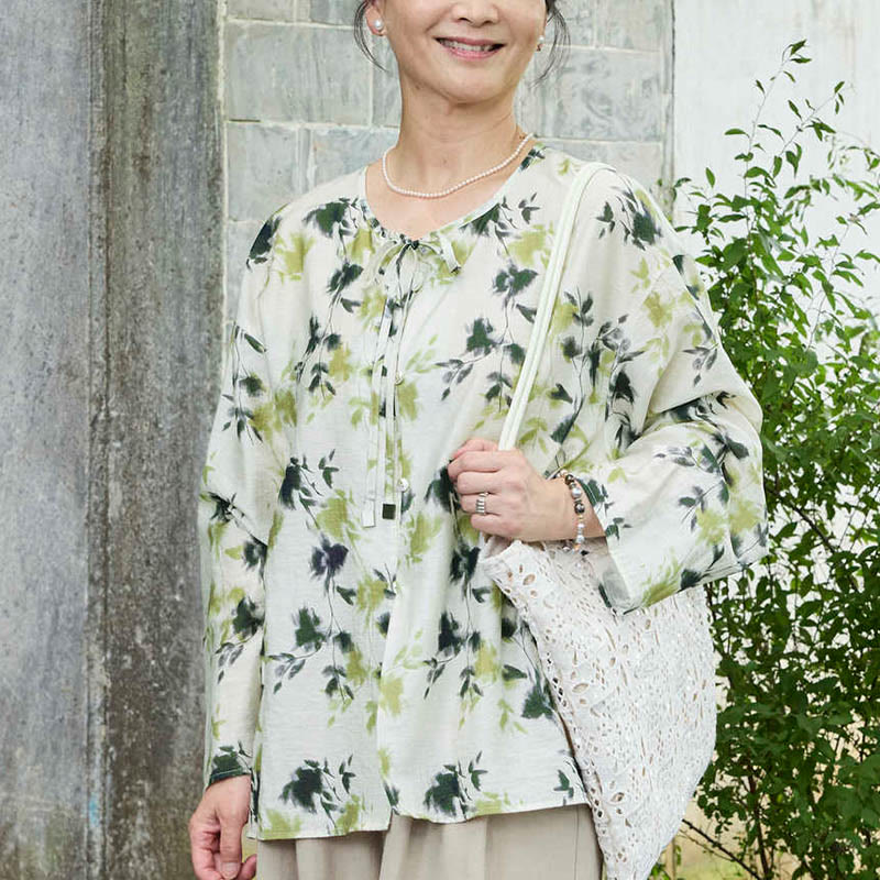 Camicia da donna a maniche lunghe con bottoni, lacci e foglie floreali verdi, per anziani, Buddha Stones - image 9