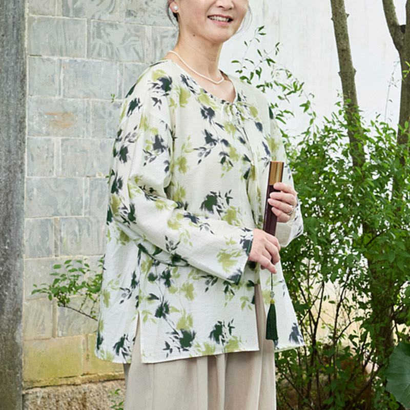 Camicia da donna a maniche lunghe con bottoni, lacci e foglie floreali verdi, per anziani, Buddha Stones - image 7