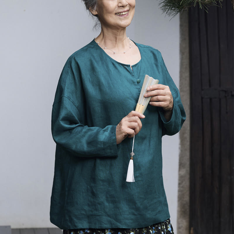 Camicia da donna a maniche lunghe in lino tinta unita con Buddha Stones per anziani - image 5