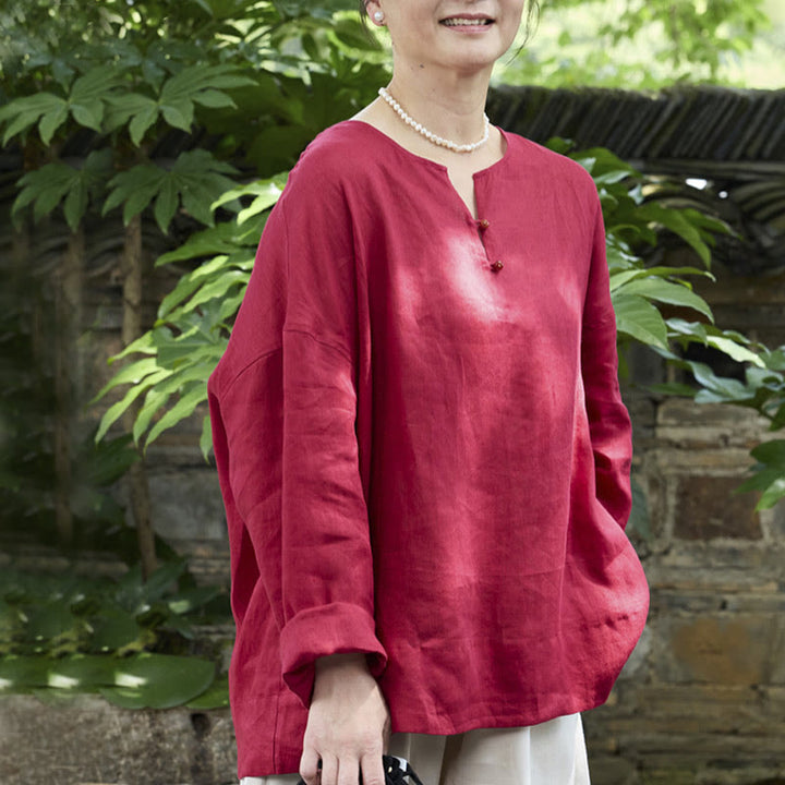 Camicia da donna a maniche lunghe in lino tinta unita con Buddha Stones per anziani - Cremisi - US14, UK/AU18, EU46 (2XL) - image 15