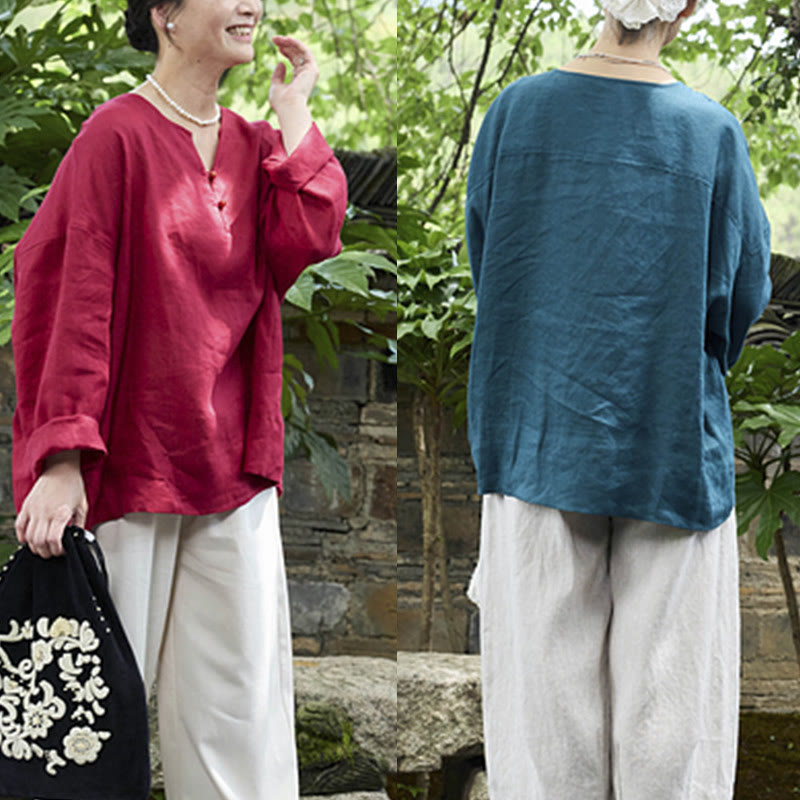 Camicia da donna a maniche lunghe in lino tinta unita con Buddha Stones per anziani - image 32