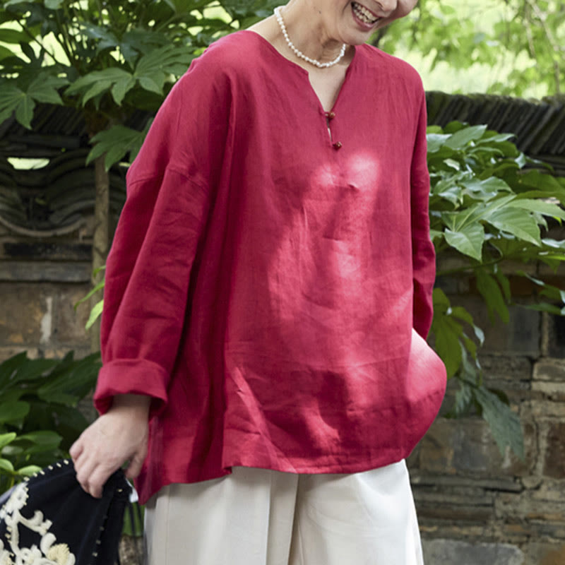 Camicia da donna a maniche lunghe in lino tinta unita con Buddha Stones per anziani - image 18
