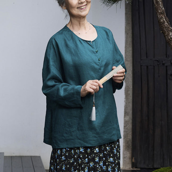 Camicia da donna a maniche lunghe in lino tinta unita con Buddha Stones per anziani - image 10