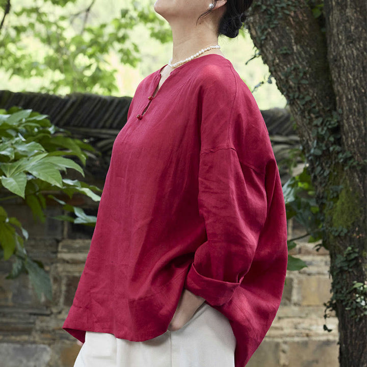 Camicia da donna a maniche lunghe in lino tinta unita con Buddha Stones per anziani - image 19