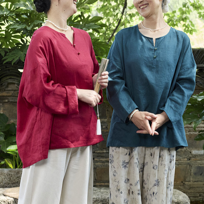 Camicia da donna a maniche lunghe in lino tinta unita con Buddha Stones per anziani - image 28