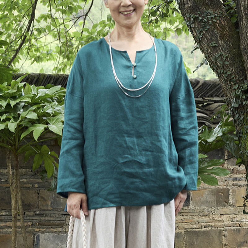 Camicia da donna a maniche lunghe in lino tinta unita con Buddha Stones per anziani - image 1