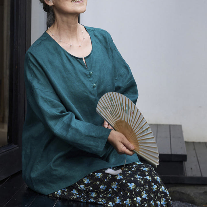 Camicia da donna a maniche lunghe in lino tinta unita con Buddha Stones per anziani - image 12