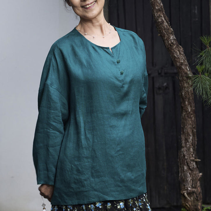 Camicia da donna a maniche lunghe in lino tinta unita con Buddha Stones per anziani - image 6