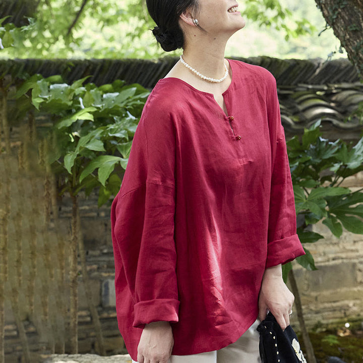 Camicia da donna a maniche lunghe in lino tinta unita con Buddha Stones per anziani - image 16