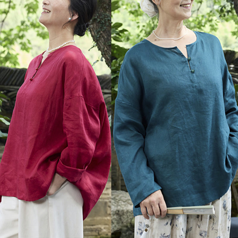 Camicia da donna a maniche lunghe in lino tinta unita con Buddha Stones per anziani - image 30