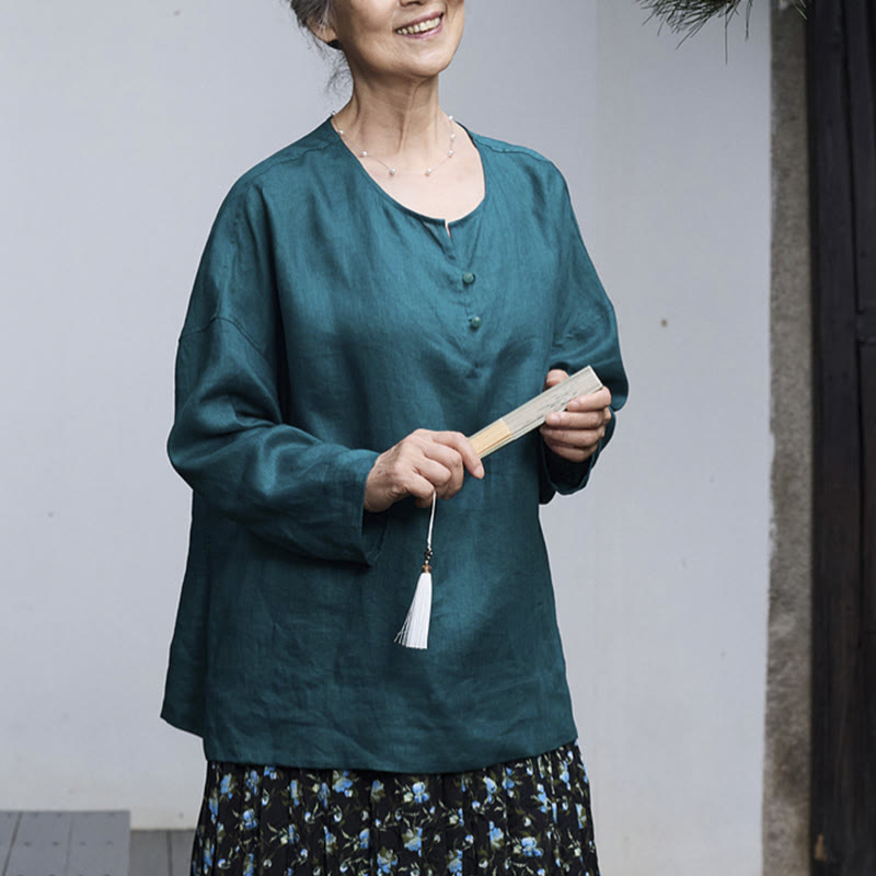 Camicia da donna a maniche lunghe in lino tinta unita con Buddha Stones per anziani - image 7