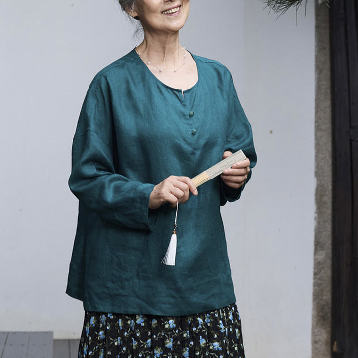 Camicia da donna a maniche lunghe in lino tinta unita con Buddha Stones per anziani - image 7
