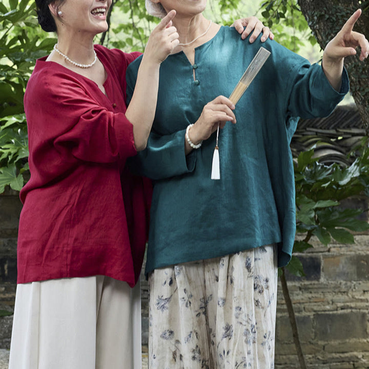 Camicia da donna a maniche lunghe in lino tinta unita con Buddha Stones per anziani - image 25