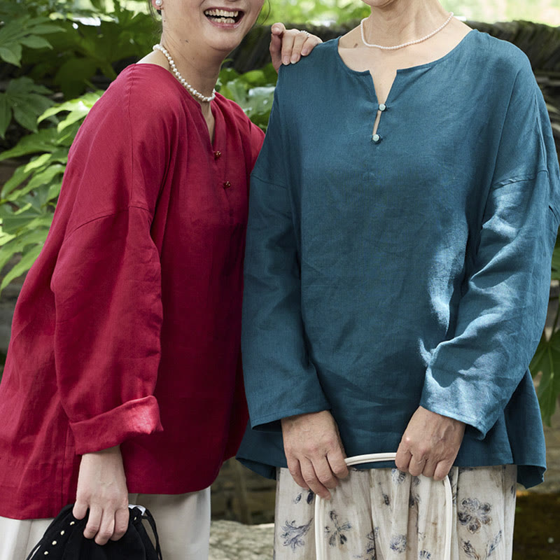 Camicia da donna a maniche lunghe in lino tinta unita con Buddha Stones per anziani - image 35