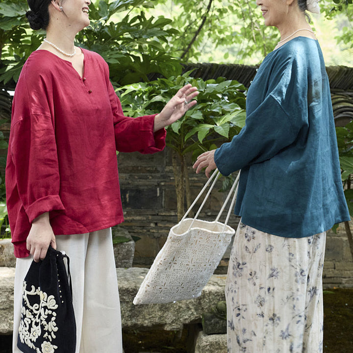 Camicia da donna a maniche lunghe in lino tinta unita con Buddha Stones per anziani - image 36