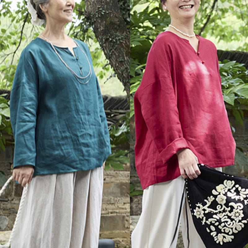 Camicia da donna a maniche lunghe in lino tinta unita con Buddha Stones per anziani - image 33