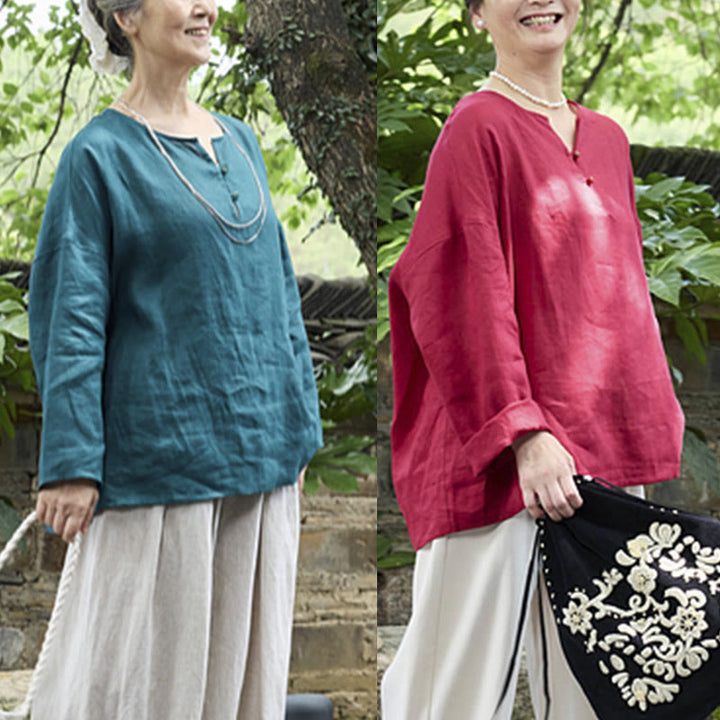Camicia da donna a maniche lunghe in lino tinta unita con Buddha Stones per anziani - image 33