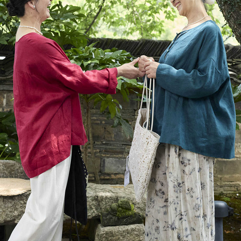 Camicia da donna a maniche lunghe in lino tinta unita con Buddha Stones per anziani - image 34