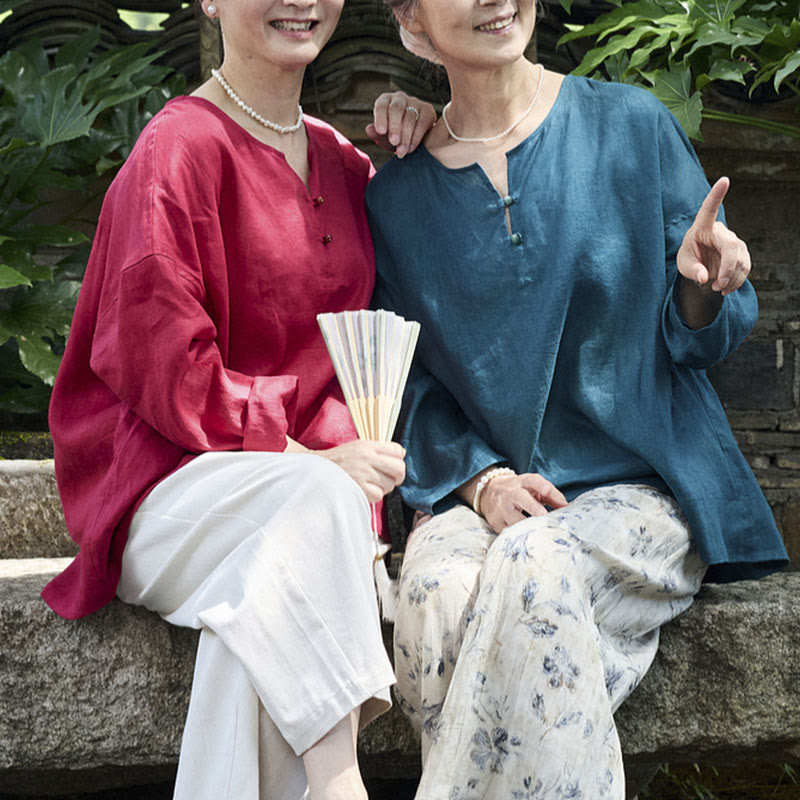 Camicia da donna a maniche lunghe in lino tinta unita con Buddha Stones per anziani - image 26