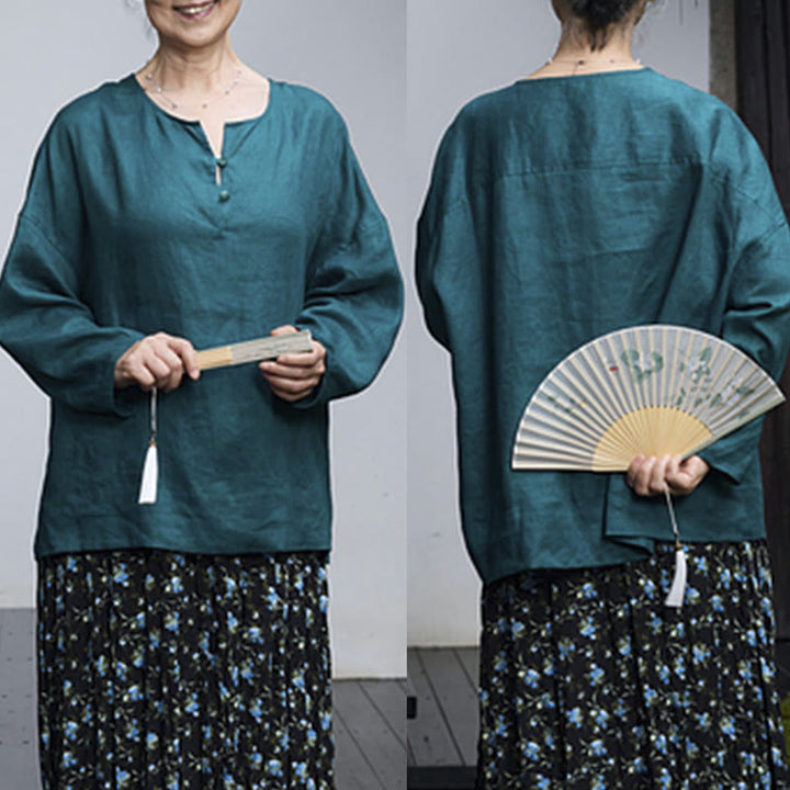 Camicia da donna a maniche lunghe in lino tinta unita con Buddha Stones per anziani - image 2