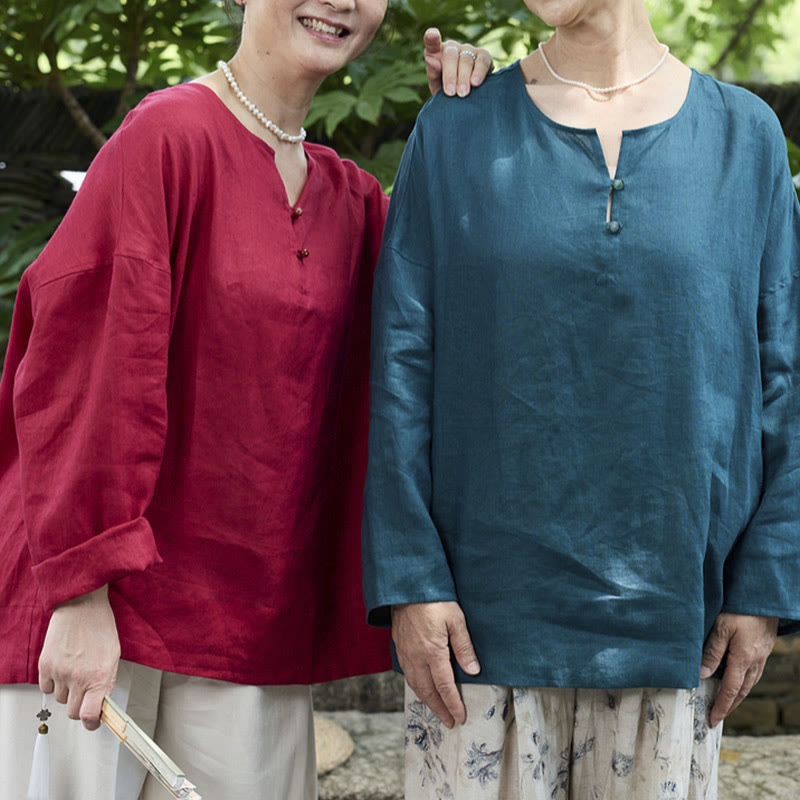 Camicia da donna a maniche lunghe in lino tinta unita con Buddha Stones per anziani - image 27