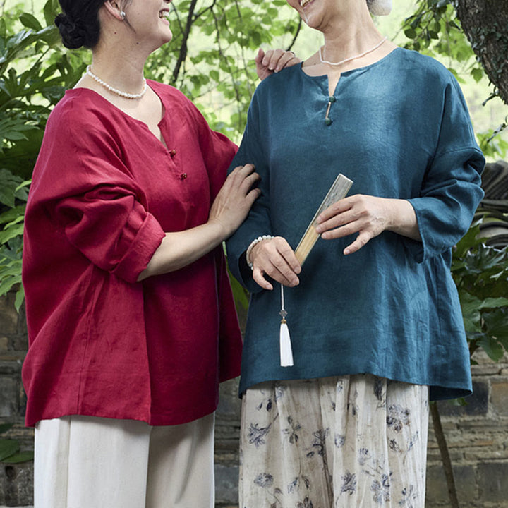 Camicia da donna a maniche lunghe in lino tinta unita con Buddha Stones per anziani - image 24