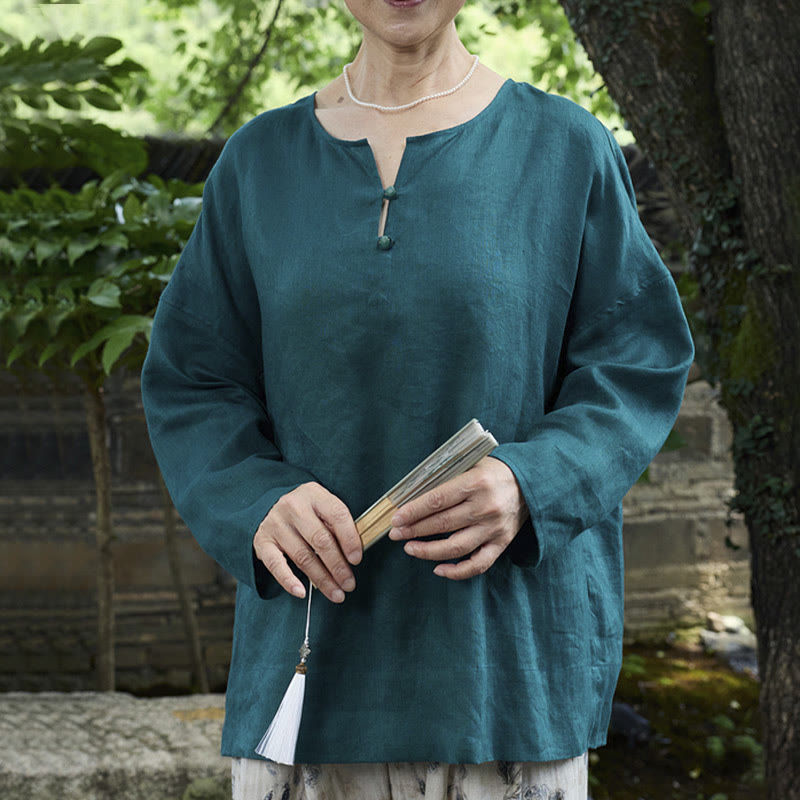 Camicia da donna a maniche lunghe in lino tinta unita con Buddha Stones per anziani - Verde acqua - US14, UK/AU18, EU46 (2XL) - image 0