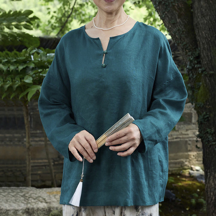 Camicia da donna a maniche lunghe in lino tinta unita con Buddha Stones per anziani - Verde acqua - US14, UK/AU18, EU46 (2XL) - image 0