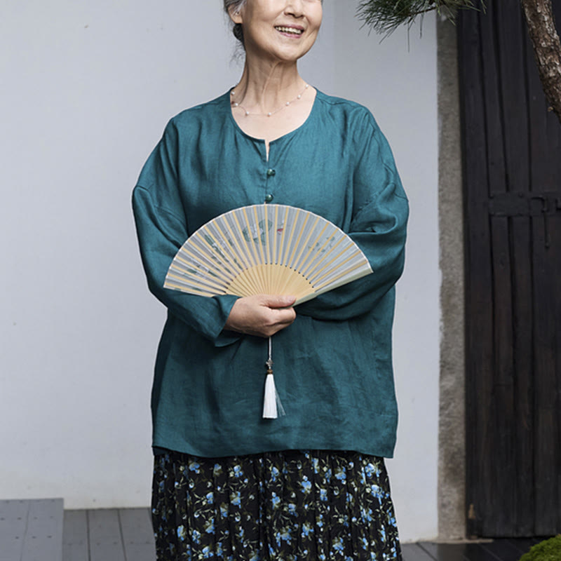 Camicia da donna a maniche lunghe in lino tinta unita con Buddha Stones per anziani - image 8