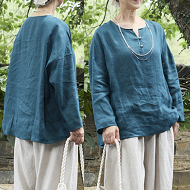 Camicia da donna a maniche lunghe in lino tinta unita con Buddha Stones per anziani - image 3