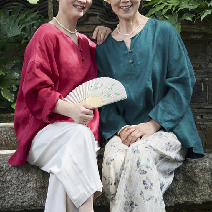 Camicia da donna a maniche lunghe in lino tinta unita con Buddha Stones per anziani - image 31
