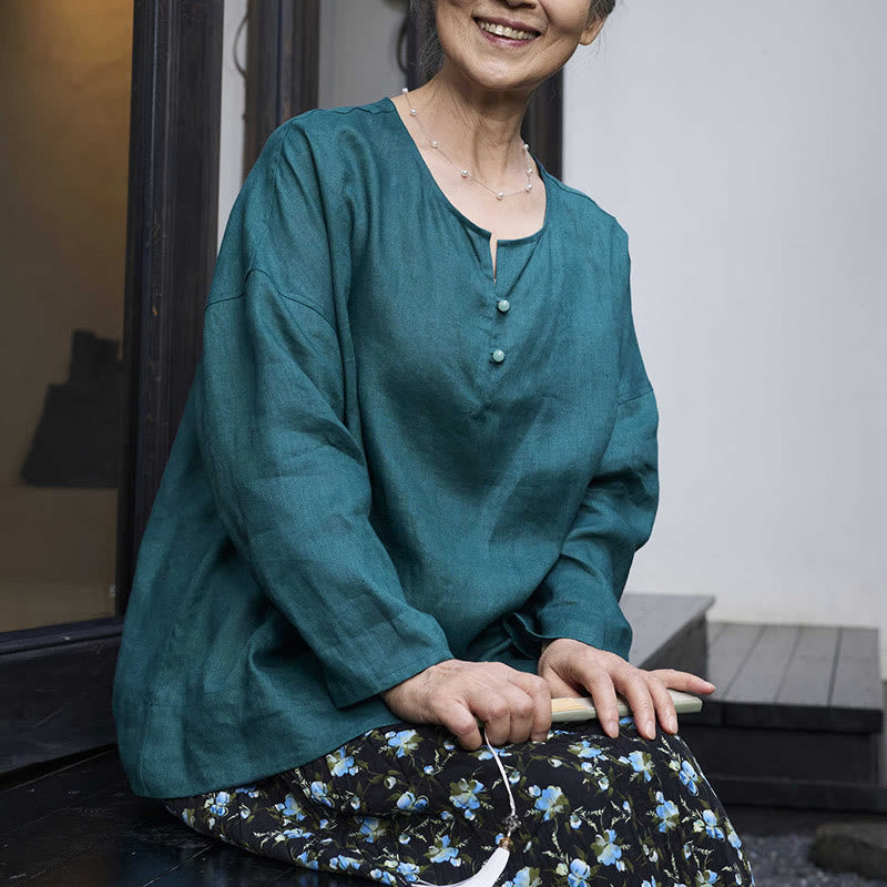 Camicia da donna a maniche lunghe in lino tinta unita con Buddha Stones per anziani - image 9