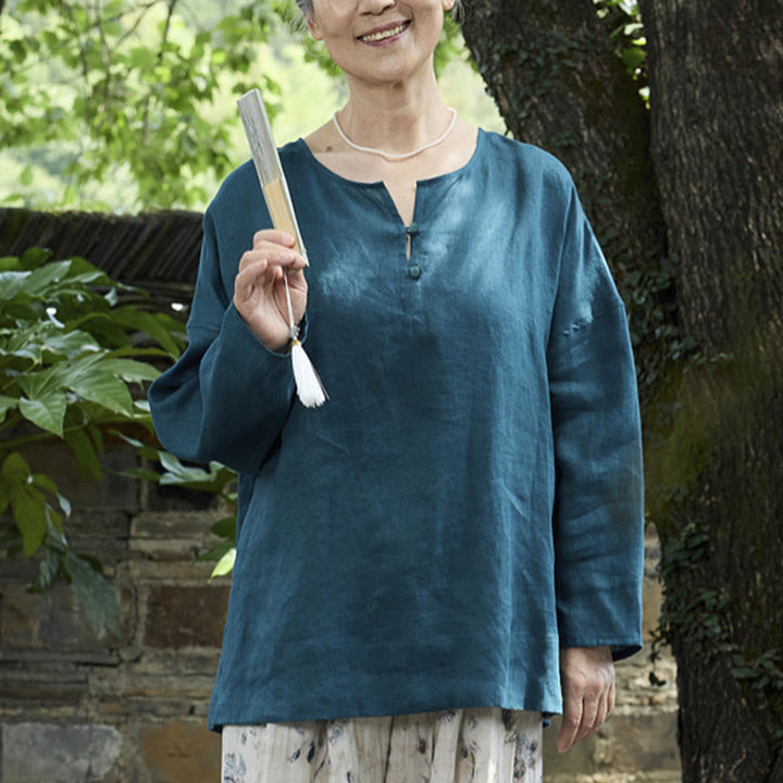 Camicia da donna a maniche lunghe in lino tinta unita con Buddha Stones per anziani - image 4