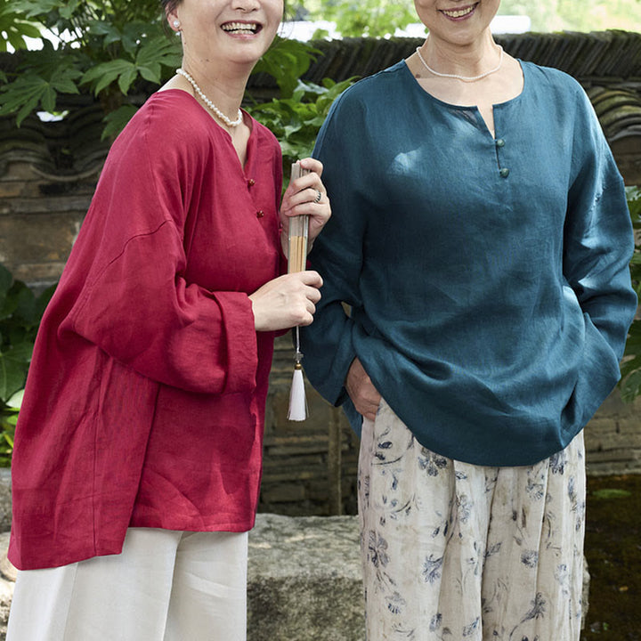 Camicia da donna a maniche lunghe in lino tinta unita con Buddha Stones per anziani - image 22