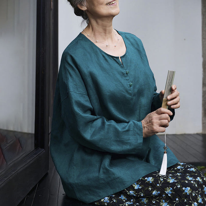 Camicia da donna a maniche lunghe in lino tinta unita con Buddha Stones per anziani - image 11