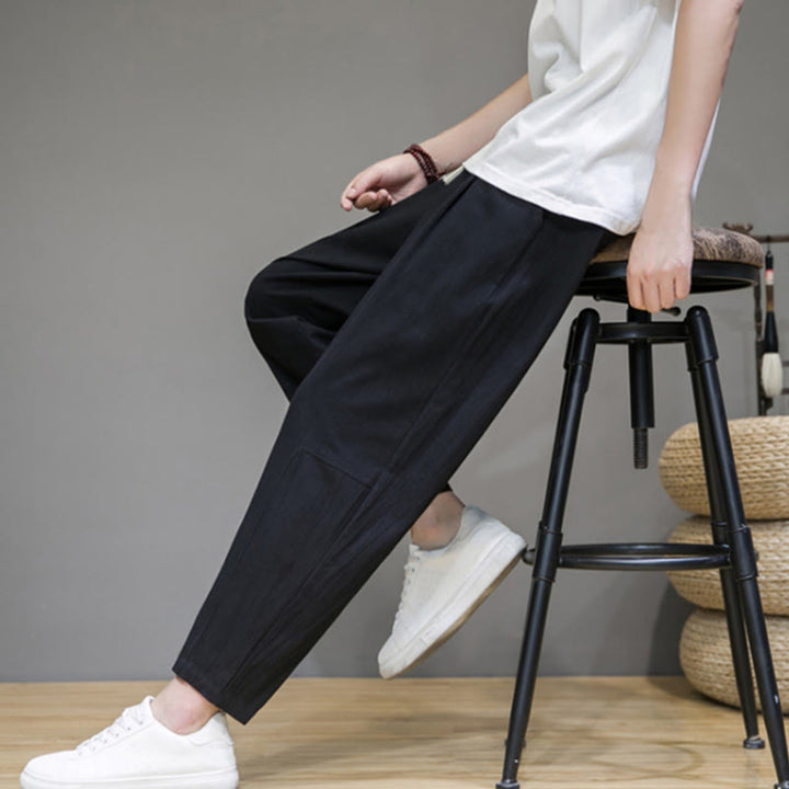 Pantaloni da uomo in cotone e lino con coulisse, con tasche, modello affusolato, casual, colore puro, motivo Buddha Stones - image 6