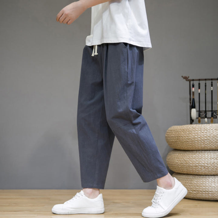 Pantaloni da uomo in cotone e lino con coulisse, con tasche, modello affusolato, casual, colore puro, motivo Buddha Stones - image 12
