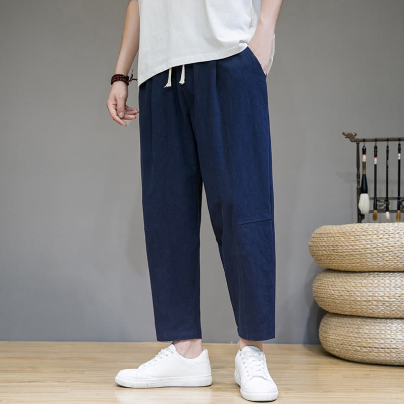Pantaloni da uomo in cotone e lino con coulisse, con tasche, modello affusolato, casual, colore puro, motivo Buddha Stones - Blu notte - US/UK/AU46, EU56 (5XL) - image 8