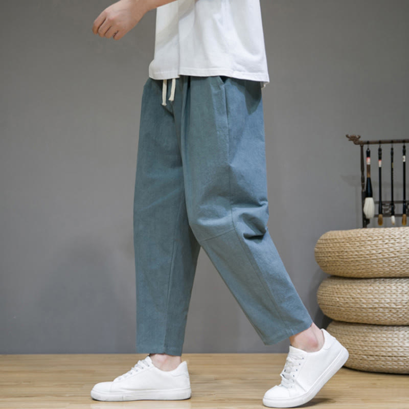 Pantaloni da uomo in cotone e lino con coulisse, con tasche, modello affusolato, casual, colore puro, motivo Buddha Stones - image 2